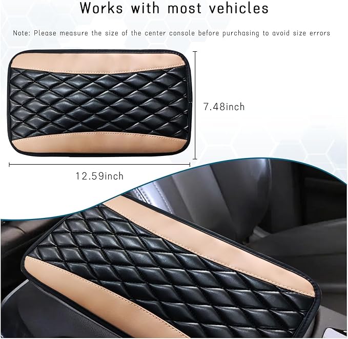 Car Center Console Cushion Pad, Universal Leather Waterproof Armrest Seat Box Cover, Comfortable Auto Armrest Cover Protector, Car Interior Decor Accessories for Most Vehicles (Black & Beige)