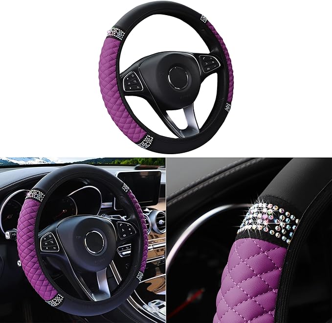 Bling Car Steering Wheel Cover, 15 Inch Rhinestones Soft Leather Elastic Steering Wheel Protector, Sparkly Crystal Diamond for Women Girls, Car Interior Accessories for Most Cars (Purple)