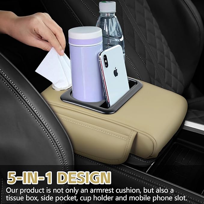 wuyaoyao Car Center Console Cover, 13.39"×8.27"×3.15" Leather Car Armrest Cover with Pocket & Tissue Box & Cup Holder, Multifunctional Auto Armrest Cushion Pad, Universal Car Accessories (Beige)