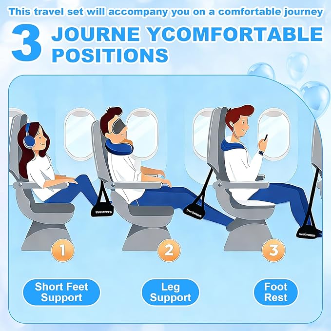 BreezeHug 4 Pcs Travel Comfort Kit with Memory Foam Travel Pillow Airplane Footrest Hammock 3D Contoured Eye Mask Compression Socks Neck Pillow for Car Flight Sleeping Support (Black)
