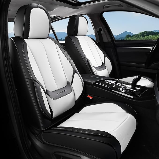 Coverado Seat Covers, Car Seat Covers Full Set, Leather Seat Covers for Cars, Car Seat Protector, Black Car Seat Covers Front Seats and Back Seats Universal Fit for Most Cars White