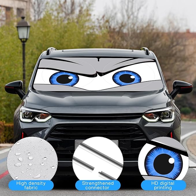 Car Windshield Sun Shade, Funny Eyes Sun Visor, Wear-Resistant Black Tape, Foldable 160x86cm/63x33.86inch