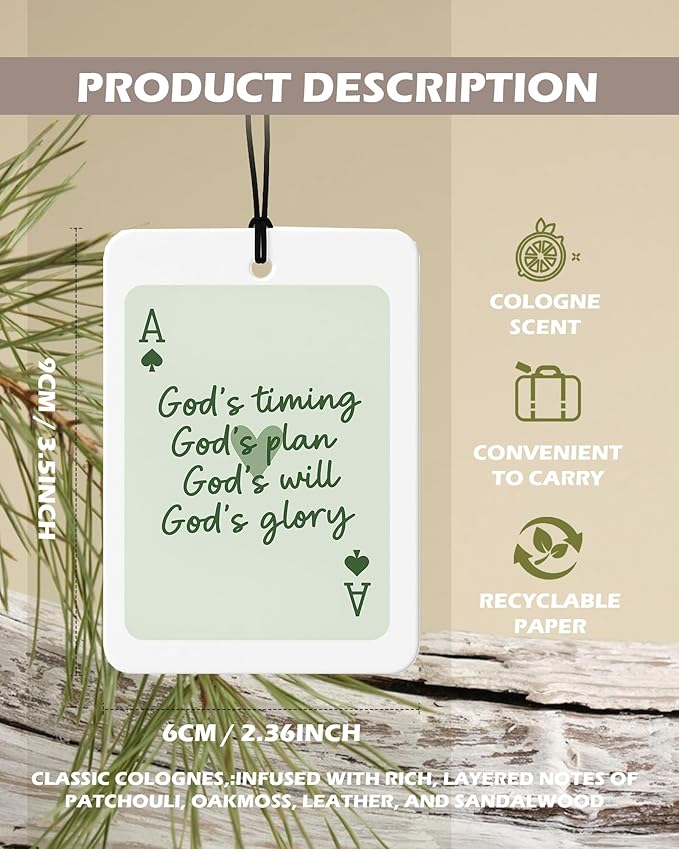 Green Christian Cologne Car Air Freshener 4 Pcs, Coquette Bow Ace Card Jesus Religious Hanging Air Freshener for Cars Bathroom Dorm Books Decor, Christian Accessories Gifts for Women Girls
