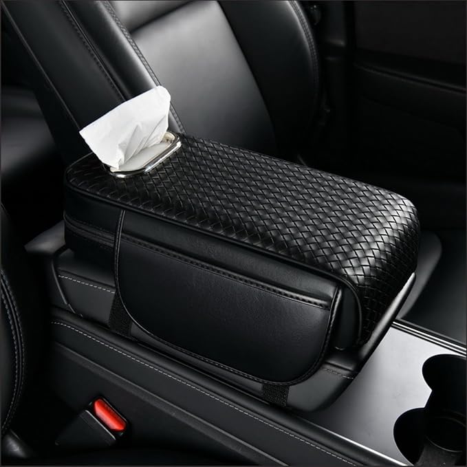Car Armrest Cushion Cover Car Center Console Memory Foam Booster Pad with Storage Pocket and Tissue Hole for Sedan Vehicle (Black, 12.99 * 7.09 * 2.95'' / 33 * 18 * 7.5 cm)