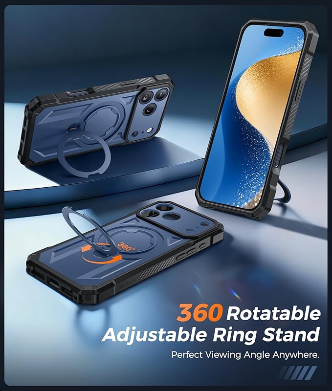 FNTCASE for iPhone 17 Pro Case: [360 Spin Magnetic Ring Kickstand] [Compatible for MagSafe] [Screen Protector] Heavy Duty Military Grade Protection Protective Phone Case with Stand Blue