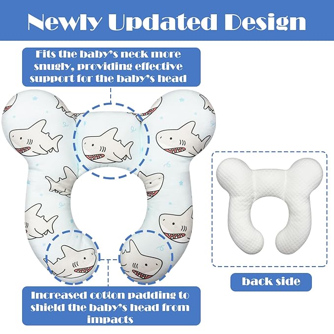 Baby Head Support Pillow for Newborn Toddler, Baby Neck Pillow Upgraded Comfortable Sleep Cushion for Car Plane Stroller Pushchair - Shark A