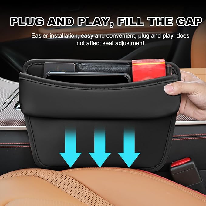 DXNQ Large Capacity Car Seat Gap Filler Organizer, Leather Car Front Seat Slot Storage Box Keeps Car Tidy, Portable Car Seat Gap Filler with 2 Charge Holes for Phones Glasses Keys Cards (Black)