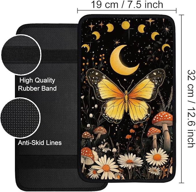 1pc Center Console Armrest Cover Pad 12.6x7.5 inch Butterfly Neoprene Car Armrest Cushion Waterproof Armrests Seat Box Cover Protector for Universal Cars Vehicles SUVs
