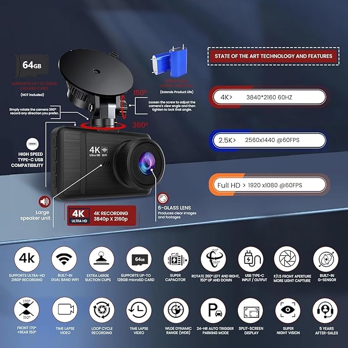Dash Cam Front and Rear, 4K HD Dash Cam for Cars Built-in WiFi, Car Camera with Night Vision, 64GB Card, 170°Wide Angle, WDR, 3" IPS Screen, Loop Recording, G-Sensor, 24 H P Monitor (K26)