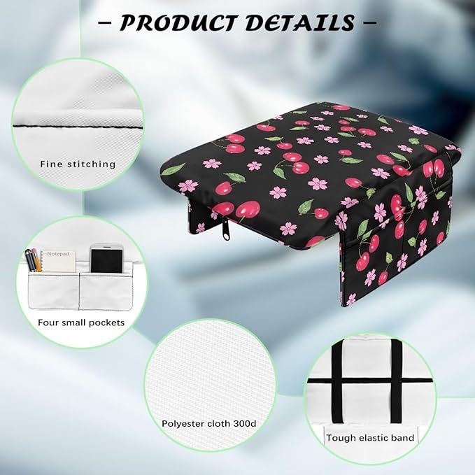 Dreaweet Cherry Print Arm Rest Cover for Car Women Black Thick Center Console Cover Pad with Pockets Cute Car Accessories Anti-Scratch Armrest Cover for Cars SUV Sedan