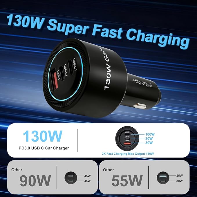 HKyoriyoi 130W USB C Car Charger, 3-Port PD100W+PD30W Super Fast Charging Adapter for iPhone 17/16 Pro Max, Galaxy S25/24 Ultra, Samsung, Android, Type C Cigarette Lighter for Laptop, iPad, MacBook