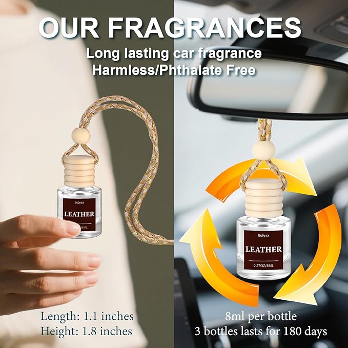 Hanging Car Air Freshener (Pack of 3) : Luxury Car Perfume for Women Men | Cute & Wooden Lid Reusable Bottle with 45+ Days Long-Lasting Scent for Auto Interio, Leather