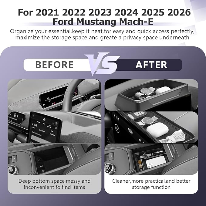 LUWU 3PCS 2025 2026 Mustang Mach E Dashboard Storage Tray Compatible with Ford Mustang Mach E 2021-2026 Accessories Center Console Armrest Box Hidden Organizer Tray Behind Screen ABS Material