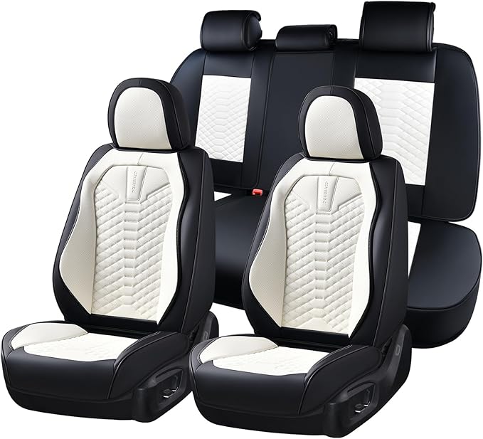 Coverado Leather Seat Covers, Car Seat Covers Full Set, Waterproof Nappa Leather Car Seat Cover, Car Seat Protectors 5 Seats, Black & White Automotive Seat Covers Fit for Most Cars Trucks