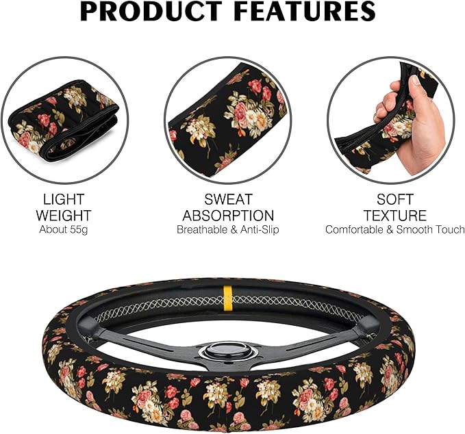 Watercolor Pink Hisbicus Steering Wheel Cover, Elastic Non-Slip Steering Wheel Protector,Auto Interior Decor for Women Girls,Universal 15" Fit for Sedans,Trucks