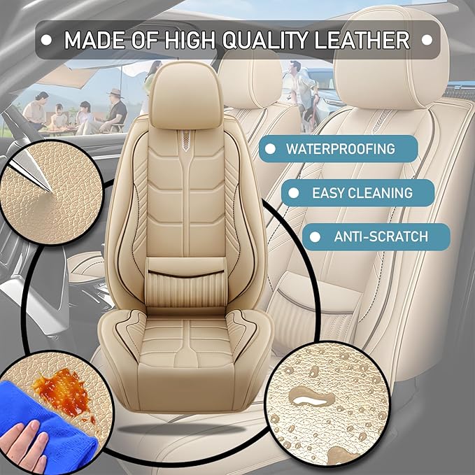 Leather Car Seat Covers Fit for Toyota Prius 2004-2024, 5 Seater Car Seat Cover, Premium Waterproof, Scratch Resistant Car Interior Accessories (Full Set Beige)