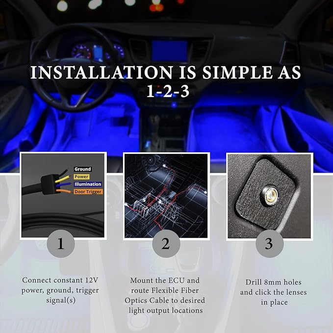 VAIS Technology Interior LED Car Lights with App & CarPlay Control and RGB Color Change - Fiber Optics Based Design, 6 Light Outputs, Waterproof and 3-Year Warranty