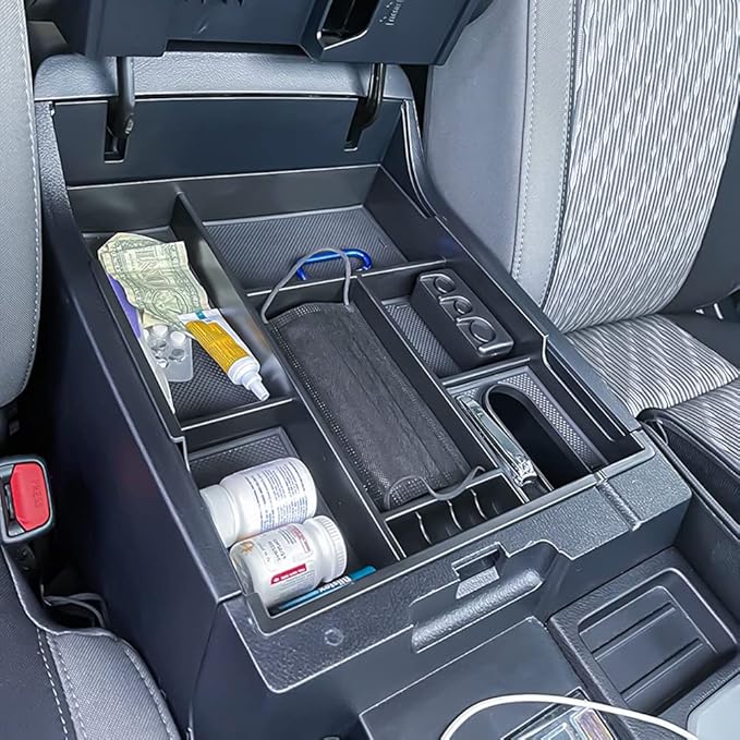 TACOBRO Center Console Organizer Compatible with 2014-2017 2018 2019 2020 2021 Tundra Accessories, Crewmax Interior Armrest Underseat Storage Box- Full-coverage Insert Tray, Black Trim