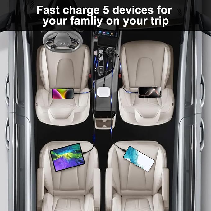 USB C Car Charger Adapter, 5 Ports 75W PD 3.0 Car Phone Charger Fast Charging Compatible with iPhone 16/15/14/13 Pro Max Series, iPad Pro, Galaxy S24/S23/S22/Note 20, Android, Pixel.