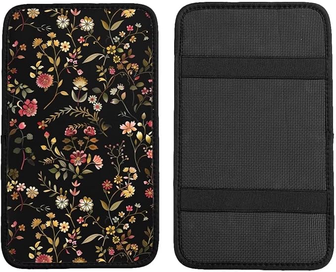 Car Center Console Cover Flower Vintage Retro Armrest Cover Cushion Cute Floral Rustic Universal Car Armrest Seat Box Pad Green Leaf Car Interior Accessories Protector for Most Vehicle