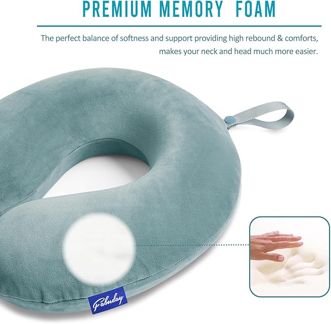 Travel Pillow Memory Foam for Airplanes - Neck Pillow for Traveling, Car, Home, Flight Pillow for Sleeping with Attachable Snap Strap Soft Washable Cover, Provide Head Neck Support Rest, Gray Blue