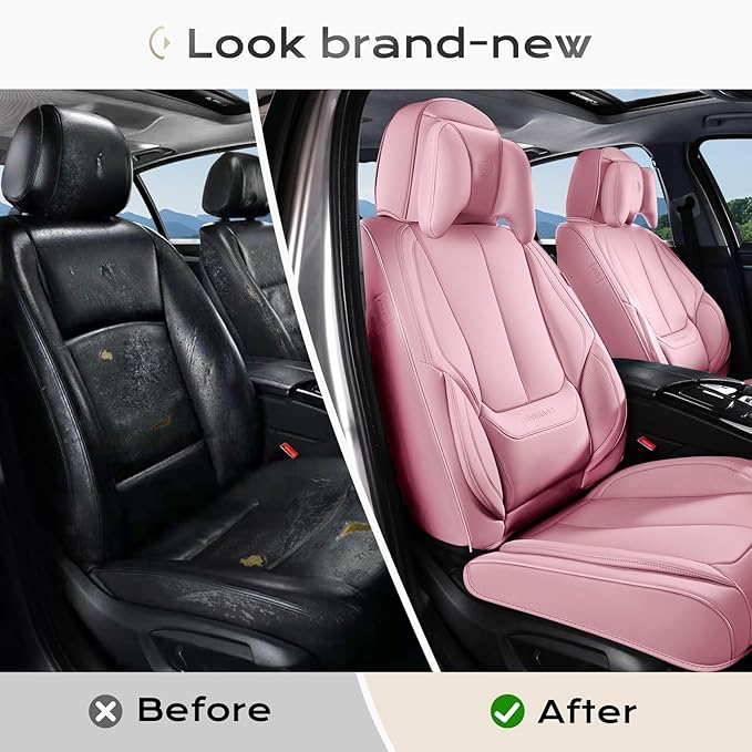 Coverado Seat Covers Full Set, 5 Seats Seat Covers for Cars, Waterproof Nappa Leather Car Seat Covers with Head Pillow, Seat Protectors Car Seat Cushion Universal Fit for Most Cars (Pink)