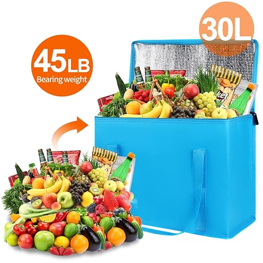 Bodaon 4-Pack Cooler Insulated Food Delivery Bag, X-Large Bags for Grocery/Catering/Shopping, Rideshare Delivery Bag, Thermal Hot Pizza, Large Cold and Frozen, XL Tote, Blue With Bottom