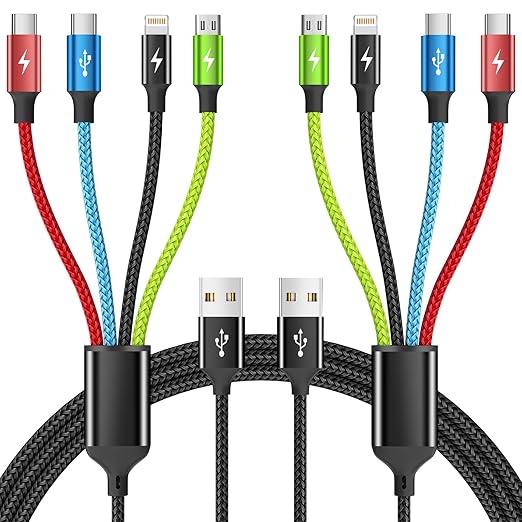 Cruise Essentials 2026 4 in 1 Multi Charging Cable [2Pack 5FT], Tangle Free USB C Car Charger Cable Nylon Braided with 2 USB-C/IP/Micro, Travel Charging Cords for iPhone Android iPad and More