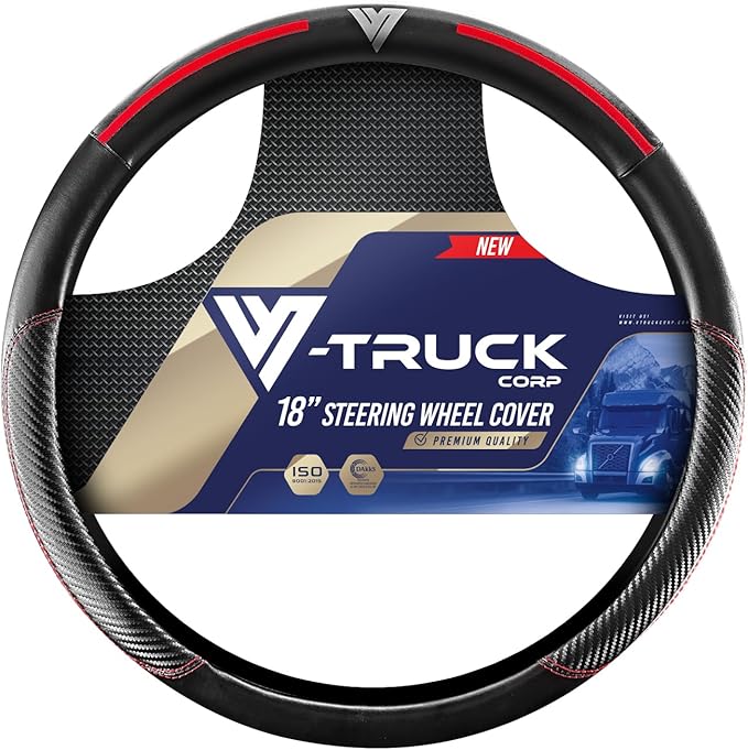 18-Inch Genuine Leather Steering Wheel Cover for Semi Trucks – Black with Red Stripes, Universal Fit Heavy-Duty Non-Slip Grip, Comfortable Control, Easy Installation