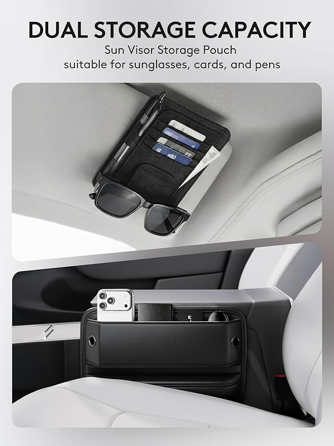 2 Pack Car Seat Gap Filler, Leather Seat Gap Organizer with Sun Visor Organizer, Front Seat Storage for Phone, Sunglasses, Cards and Keys, Fits Most Cars SUVs and Trucks