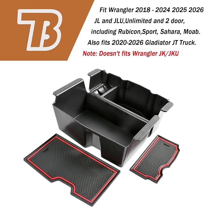 TACOBRO Center Console Organizer Compatible with Jeep Wrangler JL and JLU 2018-2023 2024 2025 Accessories, Gladiator JT Truck 2020 2021 2022-2025 Insert Tray Armrest Storage Box (Not for JK/JKU), Red