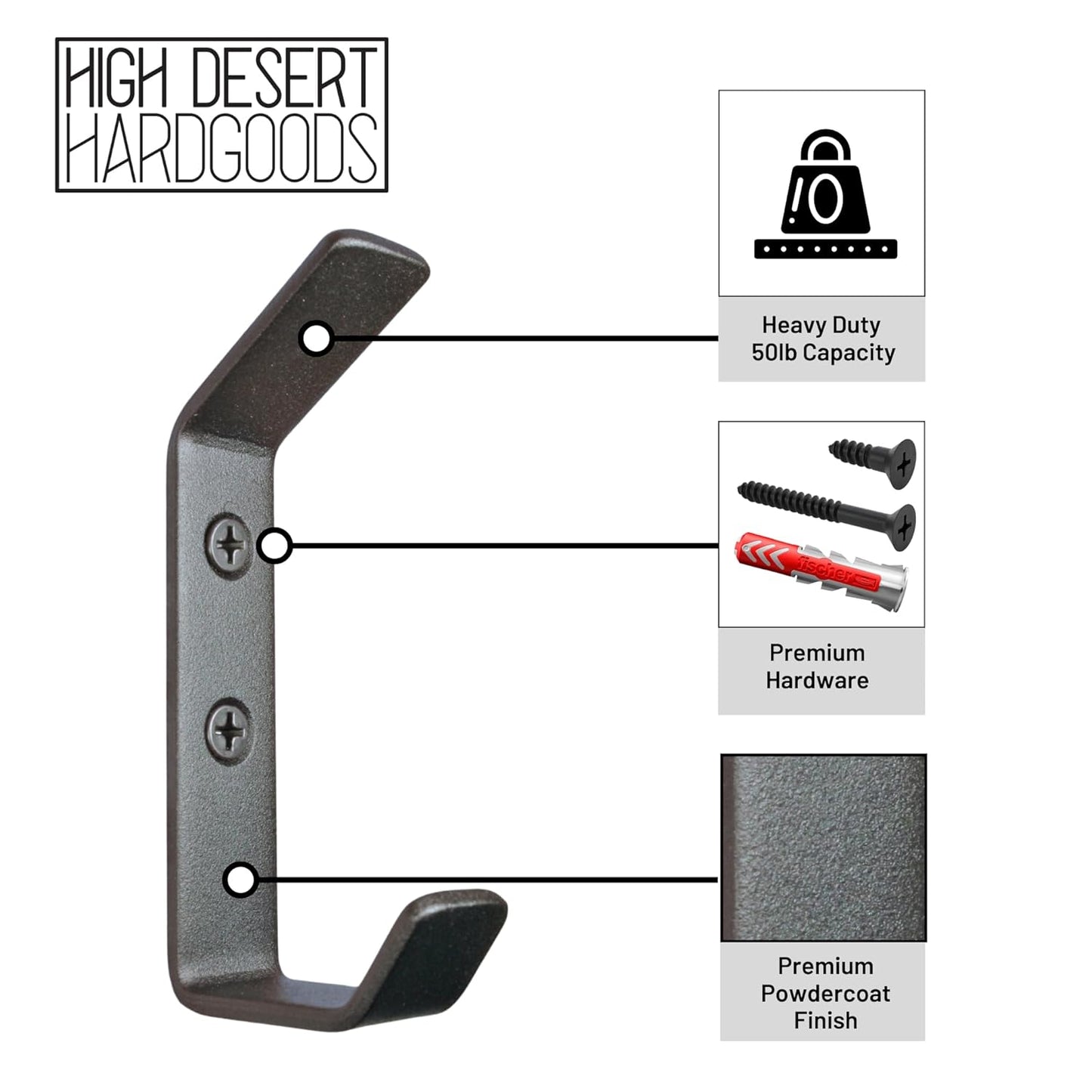 Wall Hooks Double Hook 4-Pack - Made in USA - 50 lb Capacity Stel Coat Hooks, Powder Coated Metal Wall Mount Hooks for Entryway, Garage, Bathroom.