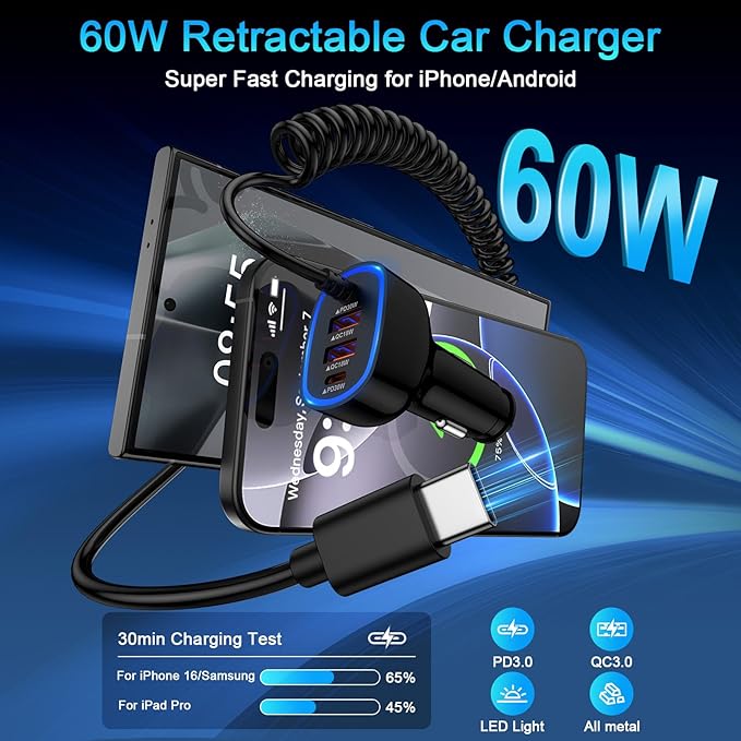 USB C Car Charger 60W Super Fast Car Phone Charger Adapter with 3ft 30W Type-C Coiled Cable for Samsung Galaxy S25 Edge/S25 Ultra/S24/S23/S22/S21/A16/A17/iPhone 17/16e/16 Pro/Pixel 10/9/8