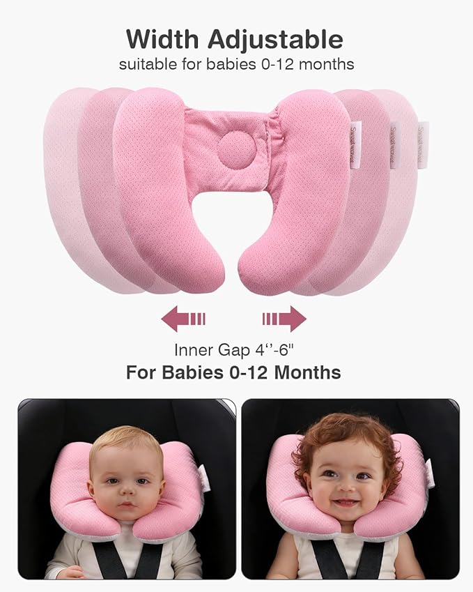 Baby Neck Pillow for Car Seat and Stroller, Adjustable Baby Head Support Pillow for Travel, Soft and Cushiony Torticollis Pillows for Infant and Newborn (Pink)