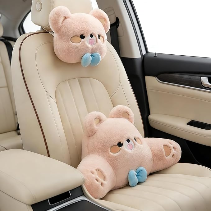 Cute Plush Bear Car Headrest & Lumbar Support Set, Soft Neck & Back Support Pillow for Comfortable Driving All Season