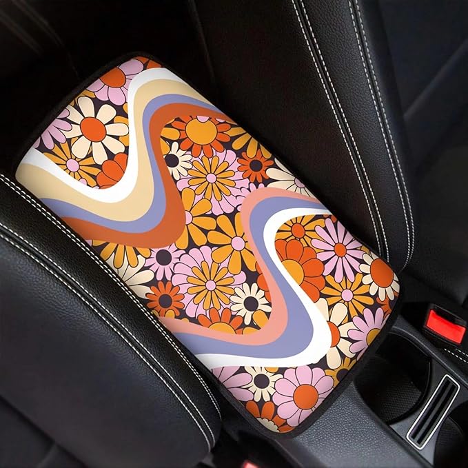 Dreaweet Hippie Flower Car Center Console Cushion Pad,Universal Armrest Seat Box Cover Protector,Comfortable Car Decor Accessories Fit for Most Cars,Trucks,SUV