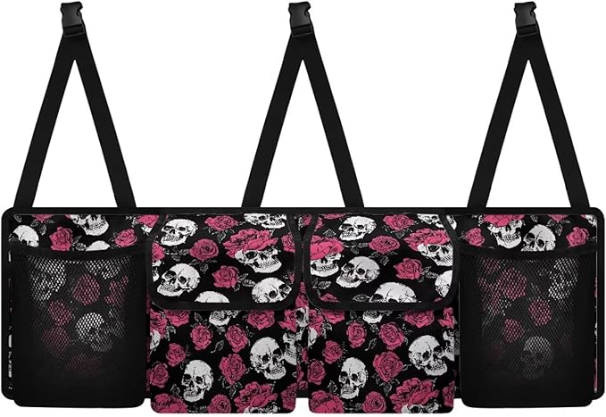 Skull Roses Car Trunk Organizer Bag Hanging Car Back Seat Storage Bag with 4 Pockets Auto Interior Accessories for SUV MPV Sedans Pickup Jeep Trucks