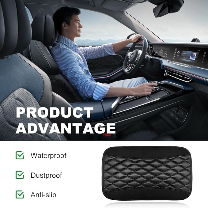 Car Center Console Cushion Pad, 12.6 × 7.48 Inches Waterproof Car Armrest Seat Box Cover, PU Leather Armrest Cover Protector for Most Vehicle, Universal Car Interior Accessories (Black)