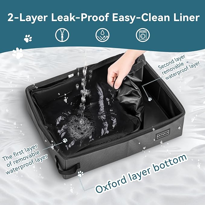 PETSFIT Portable Travel Cat Litter Box with Lid – Collapsible, Leak-Proof & Washable 2-Layer Liner, Sturdy Support Frame, for Hotel/Car/Camping, Cat Travel Essentials for Kitty/Medium Cats Grey