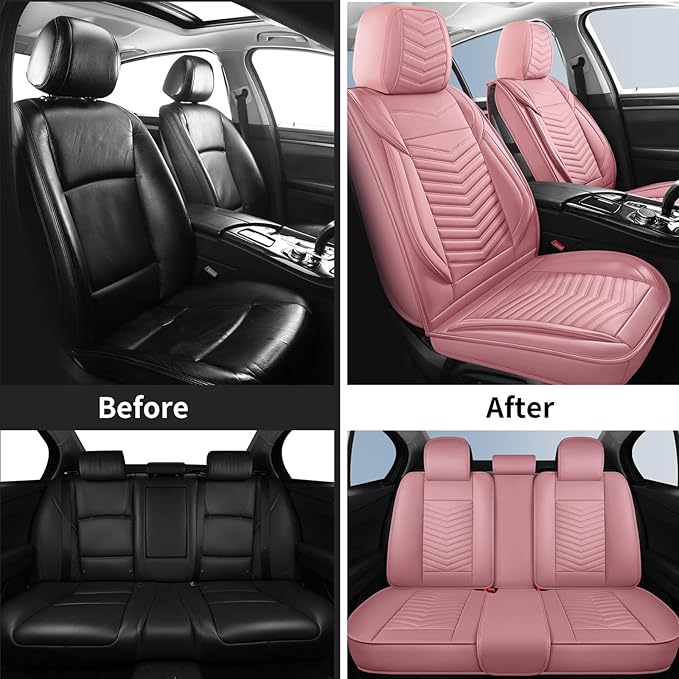 Nappa Leather Car Seat Covers Full Set, Pink Car seat Protector 5 Seats, Waterproof Car Seat Cushion, Universal Automotive Seat Covers Fit for SUV Truck Pick-up Sedan, Front and Rear