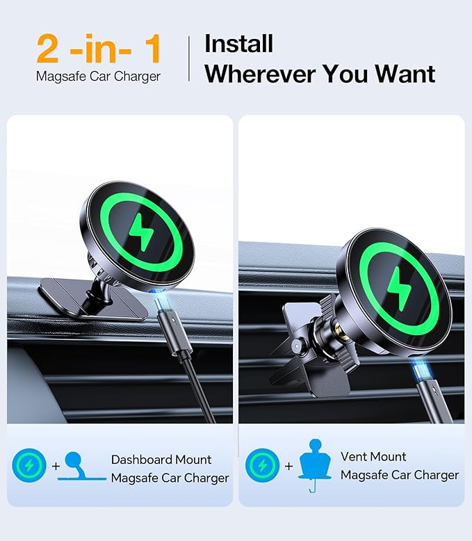Coolpow for MagSafe Car Mount Charger【15W Top Charger】Magnetic Wireless Car Charger for iPhone Magsafe Car Charging【Strong Magnets】Magnetic Phone Holder Mount Charger for iPhone 17 Pro Max 16 15 14 13