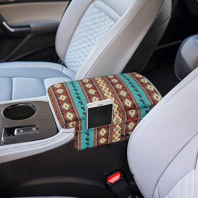 Armrest Cover Center Console Pad for Cars with Pockets, Aztec Horse Cars Interior Accessories for Women Men, Armrest Protector Fit Most Auto Vehicle, SUV, Truck Arm Rest Box