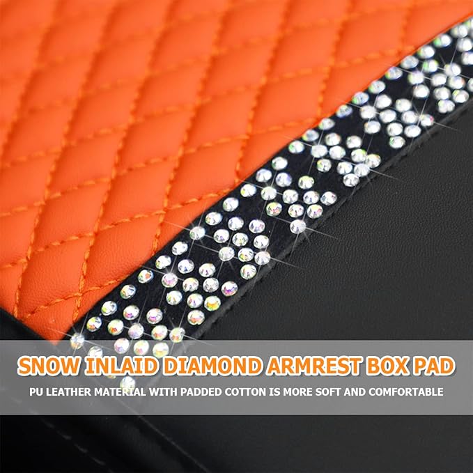 Bling Leather Car Center Console Cover, Car Center Console Protector With Glossy Crystal Rhinestone, Universal Waterproof Car Armrest Seat Box Cover For Most Car, Vehicles, SUVs, Trucks (Orange)