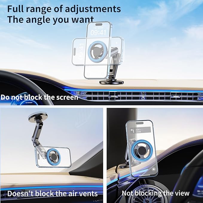 Magnetic Cell Phone Holder Universal 360 Rotation Adjustable Foldable Rotating Magnetic Holder Car Phone Bracket Magnet Mount (Black)