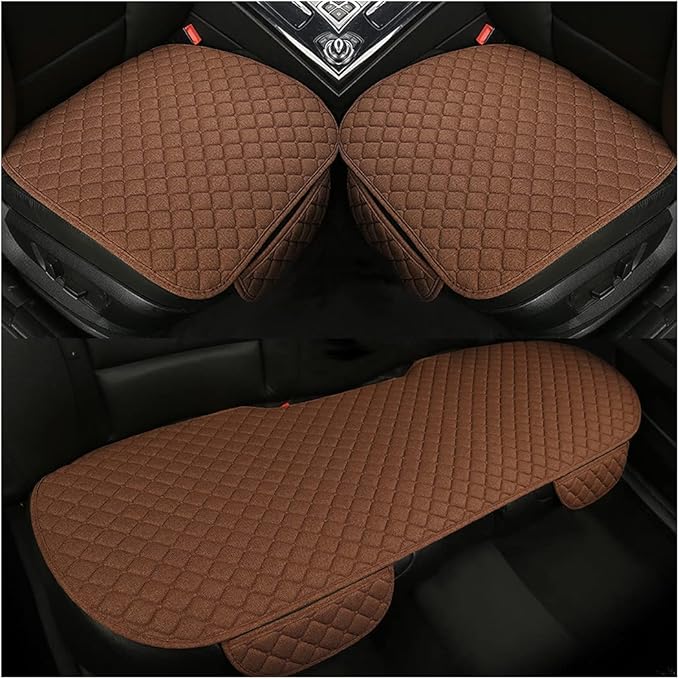 3PCS Set Car Seat Cushion for Front and Back Seat, 3D Soft Linen Breathable Auto Seat Cover, Comfort Non-Slip Rubber Bottom, Car Accessories (Coffee/3PCS)