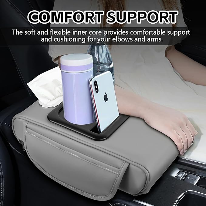 wuyaoyao Car Center Console Cover, 13.39"×8.27"×3.15" Leather Car Armrest Cover with Pocket & Tissue Box & Cup Holder, Multifunctional Auto Armrest Cushion Pad, Universal Car Accessories (Gray)