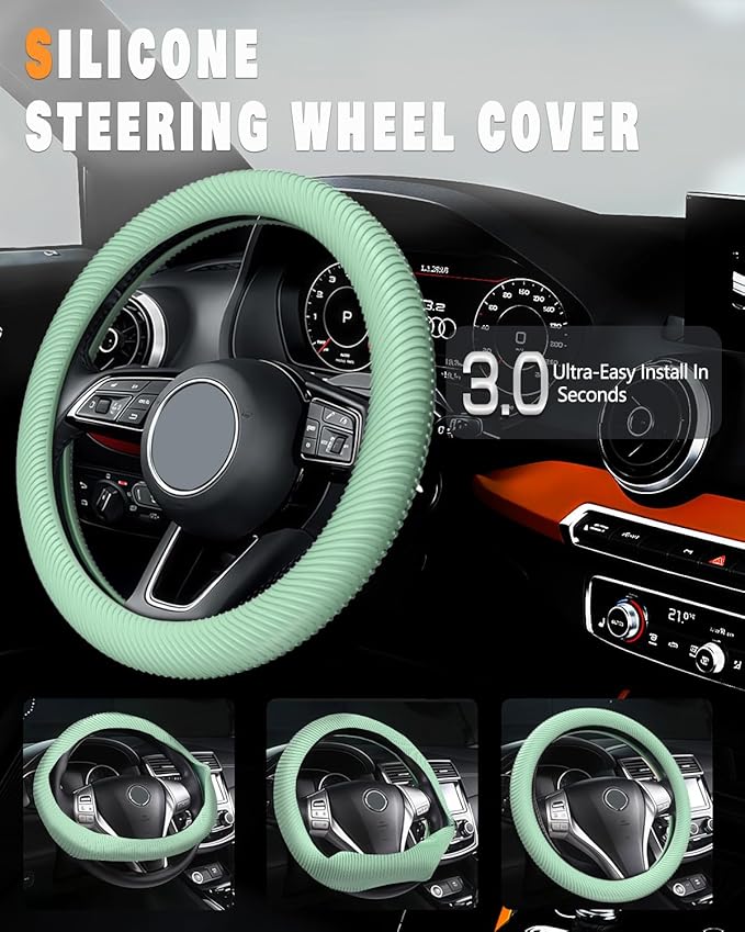WOCOCN Car Steering Wheel Cover, Thin Anti-Skid Silicone Steering Wheel Cover for Men & Women, Universal Automotive Interior Accessories for Most Cars (Light Green)