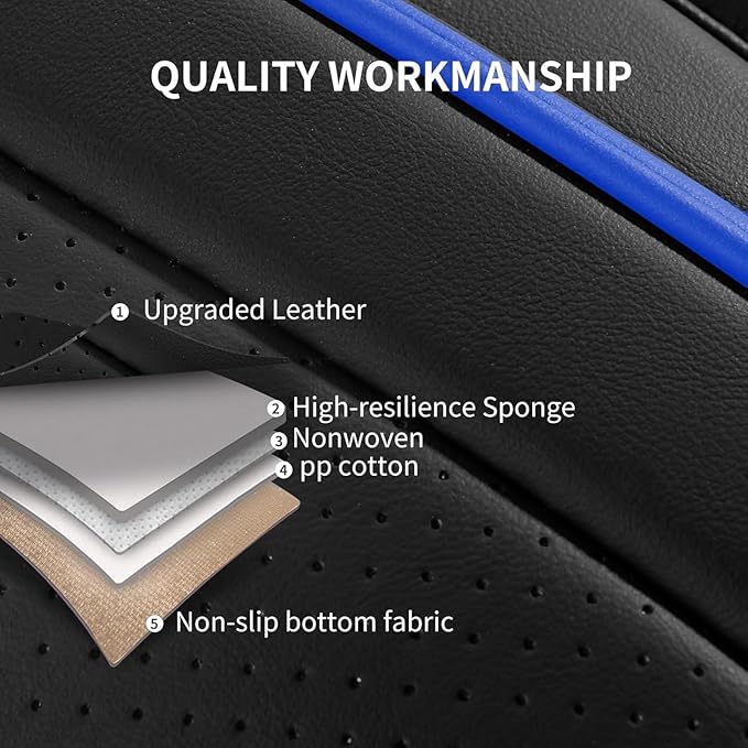 Car Seat Covers, Breathable and Waterproof Faux Leather Automotive Seat Covers, Universal Anti-Slip Driver Seat Cover for Cars SUV Pick-up Truck Sedan(5 PCS Full Set, Black + Blue)