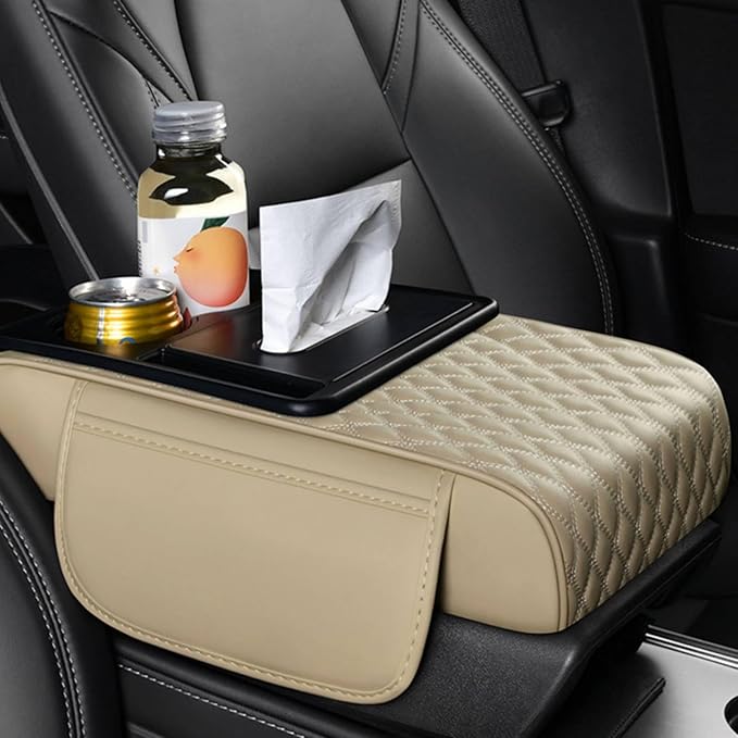 Car Center Console Armrest Pad, Arm Rest Box Cushion with Ergonomic Height Boost, Storage Pockets, Built-in Tissue Box, Cupholder, Fit for Most Sedan Vehicles (Embroidery Water Ripple, Beige)