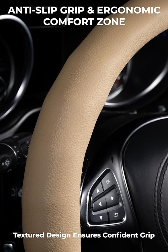 Lord Autofashion Steering Wheel Cover – PU Leather, Non-Slip Rubber Inner, All-Season Comfort – 14.5–15 Inch (Beige 8399)